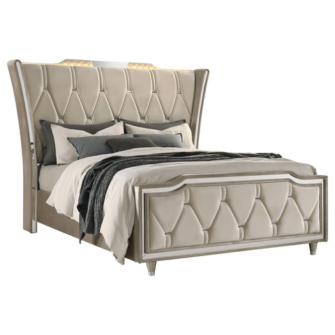 Deiter Queen LED Upholstered Wingback Bed Ivory and Camel