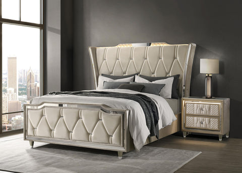 Deiter Queen LED Upholstered Wingback Bed Ivory and Camel