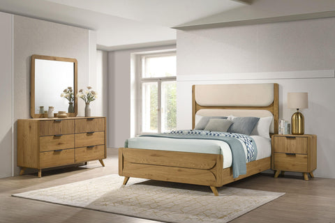Sweeney Full Cream Upholstered 4-Piece Mid-Century Bedroom Set Light Oak