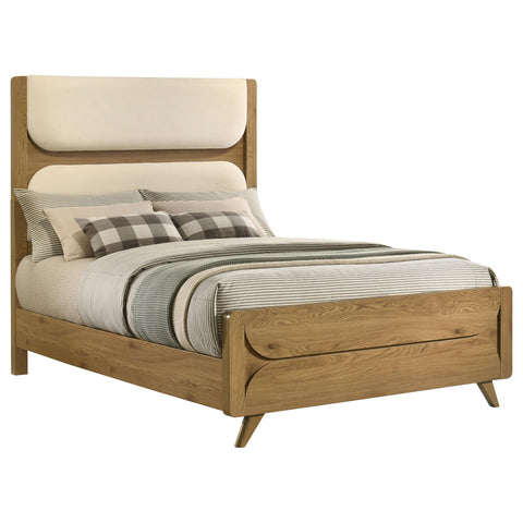 Sweeney Full Mid-Century Fabric Upholstered Panel Bed Light Oak and Cream