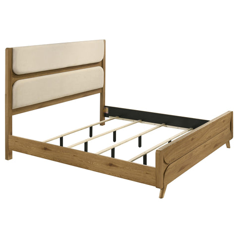 Sweeney Eastern King Mid-Century Fabric Upholstered Panel Bed Light Oak