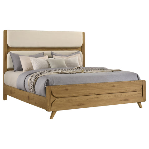 Sweeney Eastern King Mid-Century Fabric Upholstered Panel Bed Light Oak