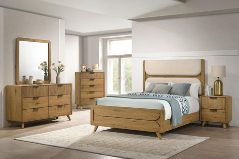 Sweeney Eastern King Mid-Century Fabric Upholstered Panel Bed Light Oak