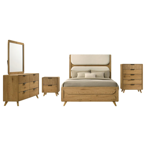 Sweeney Queen Upholstered 5-Piece Mid-Century Bedroom Set Light Oak