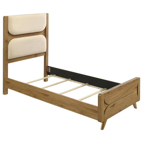 Sweeney Twin Cream Upholstered 5-Piece Mid-Century Bedroom Set Light Oak