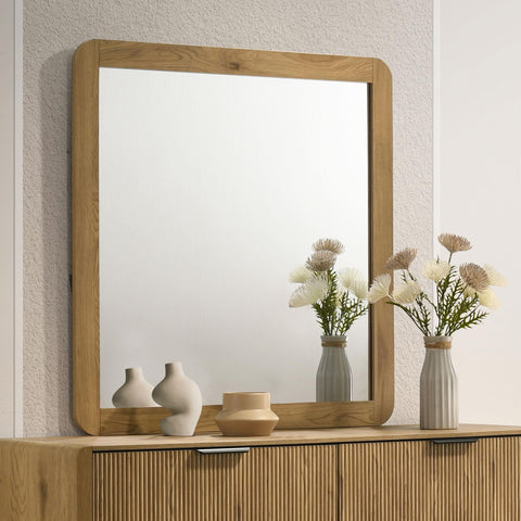 Sweeney Mid-Century Square Dresser Mirror with Open-Corner Light Oak Frame