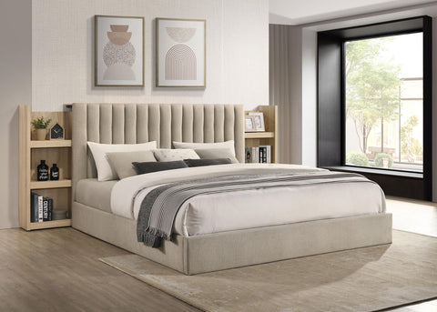 Skyview Eastern King Upholstered Bookcase Bed Light Tan and Light Oak