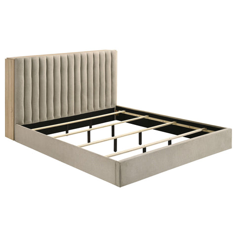 Skyview Eastern King Upholstered Bookcase Bed Light Tan and Light Oak