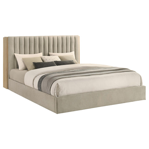 Skyview Eastern King Upholstered Bookcase Bed Light Tan and Light Oak
