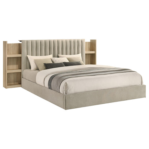 Skyview Eastern King Upholstered Bookcase Bed Light Tan and Light Oak