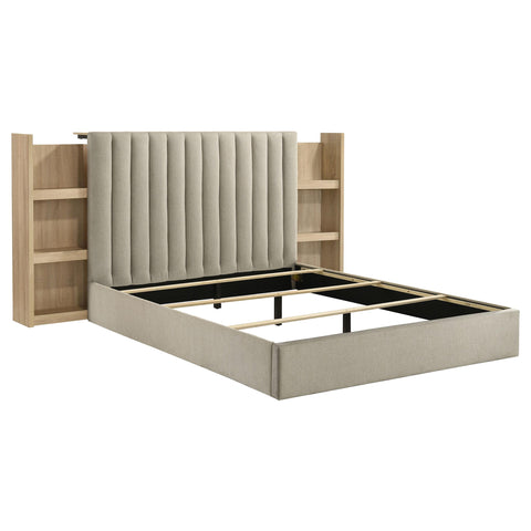 Skyview Queen Upholstered Bookcase Bed Light Tan and Light Oak