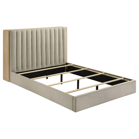Skyview Queen Upholstered Bookcase Bed Light Tan and Light Oak