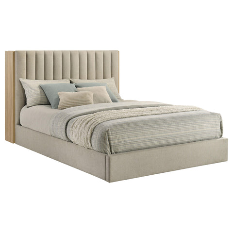Skyview Queen Upholstered Bookcase Bed Light Tan and Light Oak
