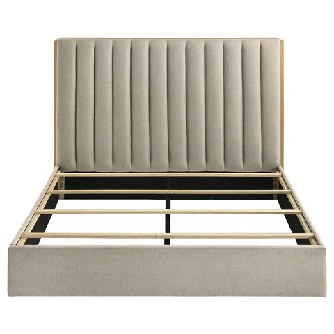 Skyview Queen Upholstered Bookcase Bed Light Tan and Light Oak