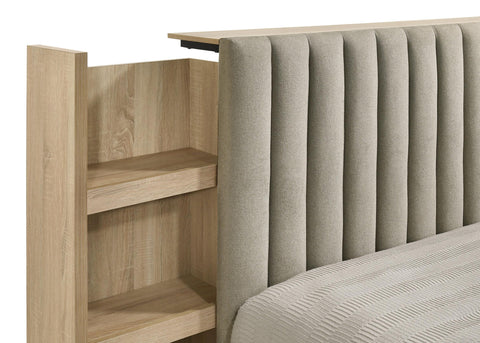 Skyview Queen Upholstered Bookcase Bed Light Tan and Light Oak