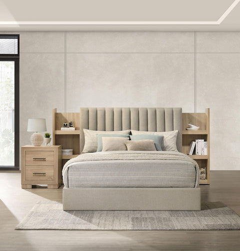 Skyview Queen Upholstered Bookcase Bed Light Tan and Light Oak