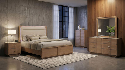 Lille Queen LED Panel Bed Off White and Light Oak