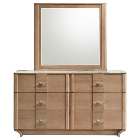 Lille 6-drawer Sinter Stone Top Dresser and Mirror Light Oak