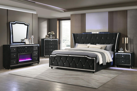 Deiter Queen LED Upholstered Wingback Bed Black