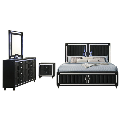 Saide 4-piece Velvet Upholstered California King LED Bedroom Set Black