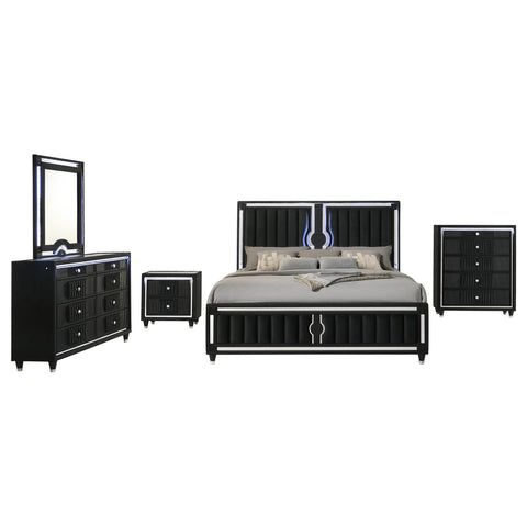 Saide 5-piece Velvet Upholstered Queen LED Bedroom Set Black