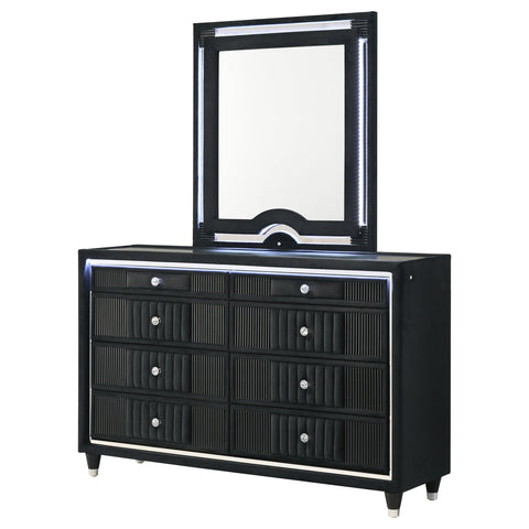 Saide 8-drawer Velvet Upholstered LED Dresser and Mirror Black
