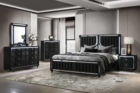 Saide 8-drawer Velvet Upholstered LED Dresser and Mirror Black