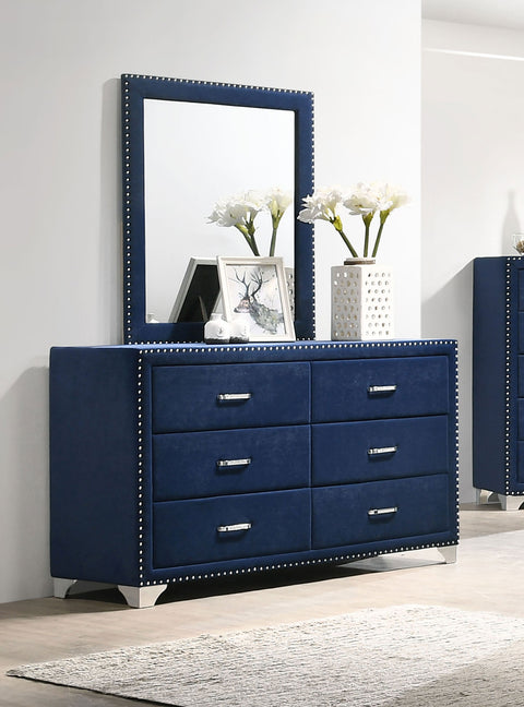Aiko 6-drawer Upholstered Dresser with Mirror Pacific BluePacific Blue