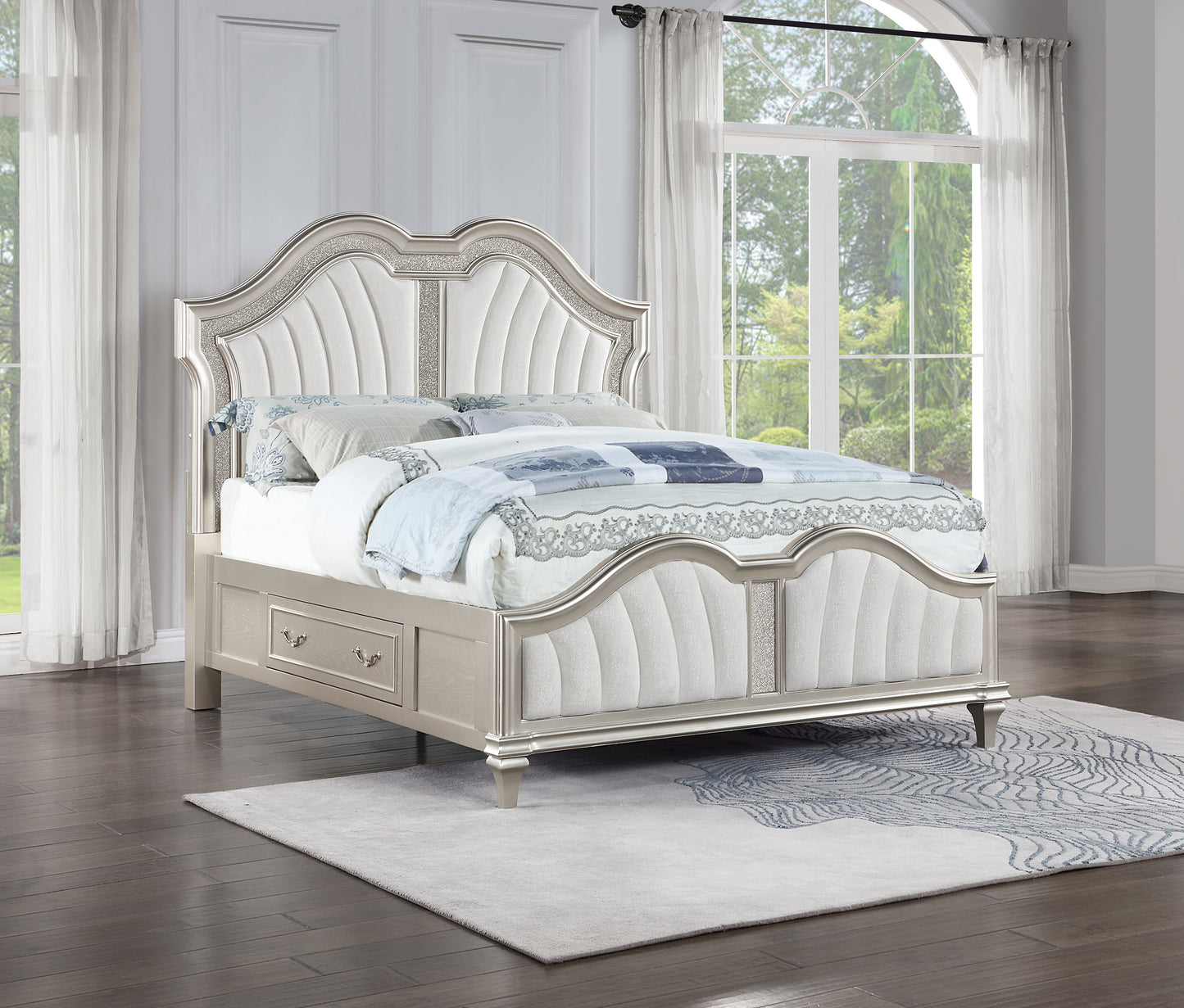 morena eastern king led storage panel bed silver oak