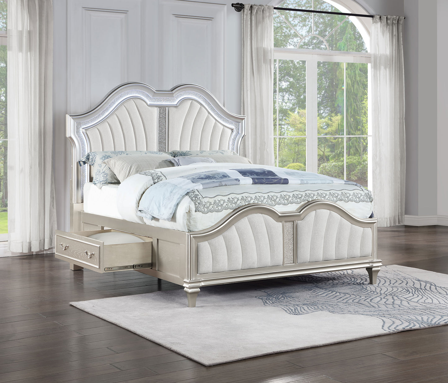 morena eastern king led storage panel bed silver oak