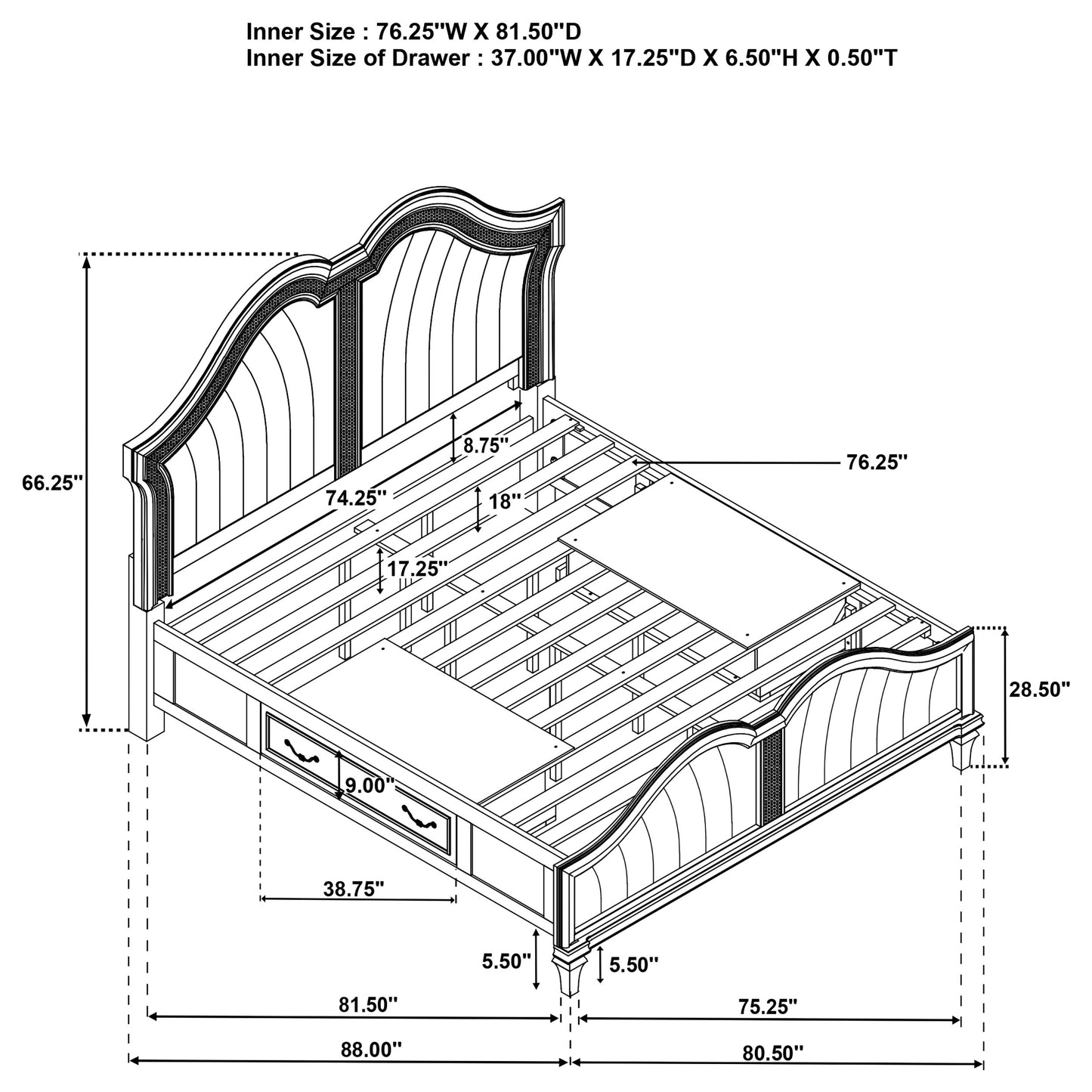 morena eastern king led storage panel bed silver oak