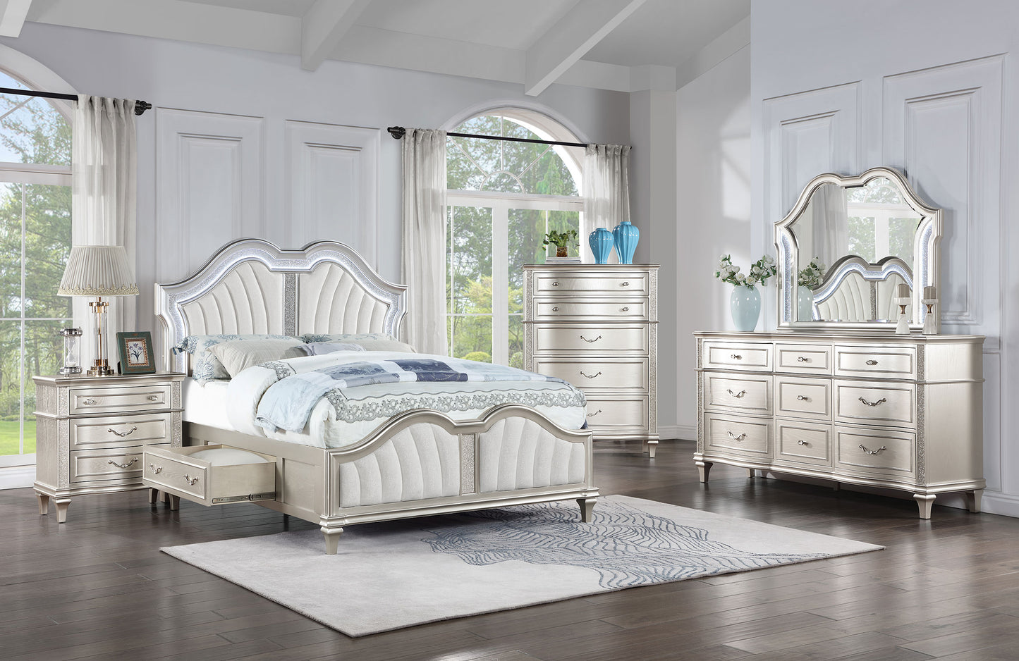 morena eastern king led storage panel bed silver oak