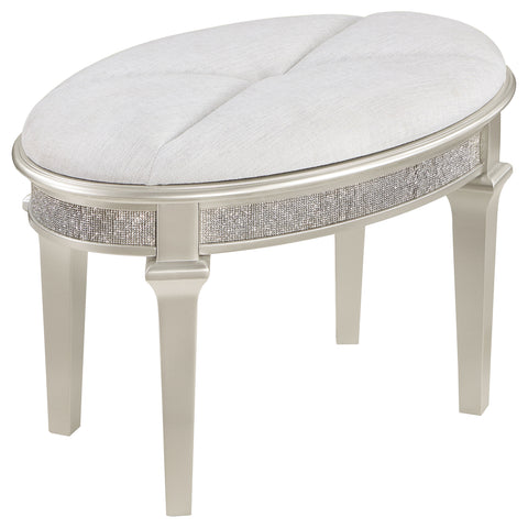 Keiran Upholstered Oval Vanity Stool Silver and IvorySilver Oak