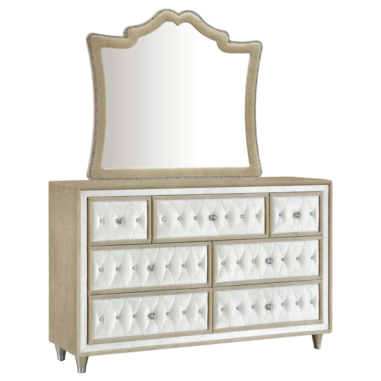 pinciotti 7-drawer upholstered dresser with mirror ivoryivory / camel