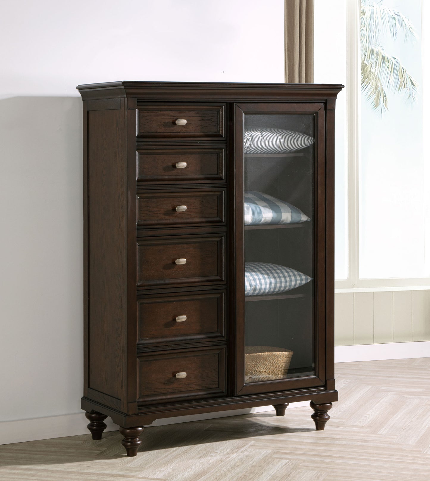 eliza 6-drawer tempered glass door chest dark oakdark oak