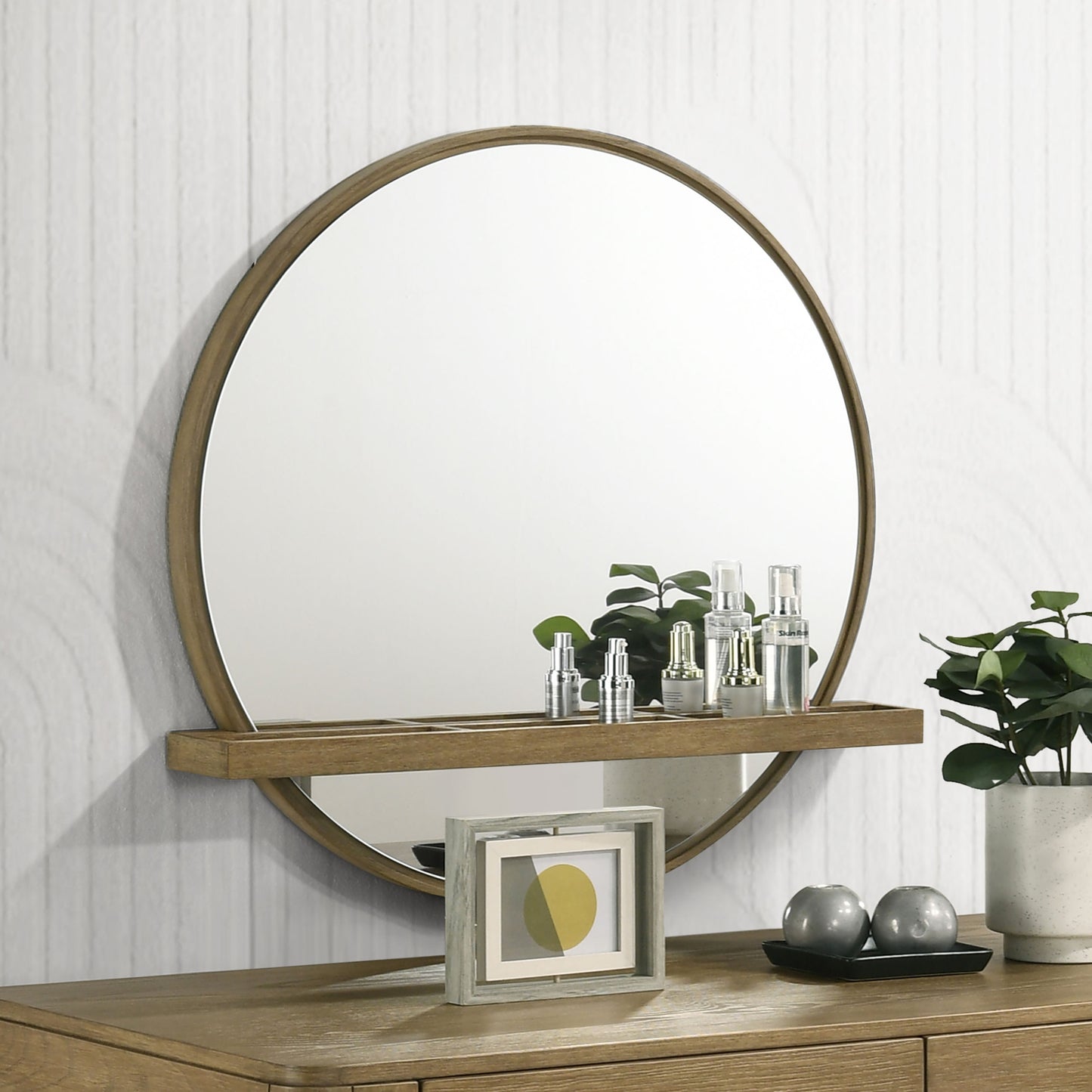 janine round vanity wall mirror with shelf sand wash