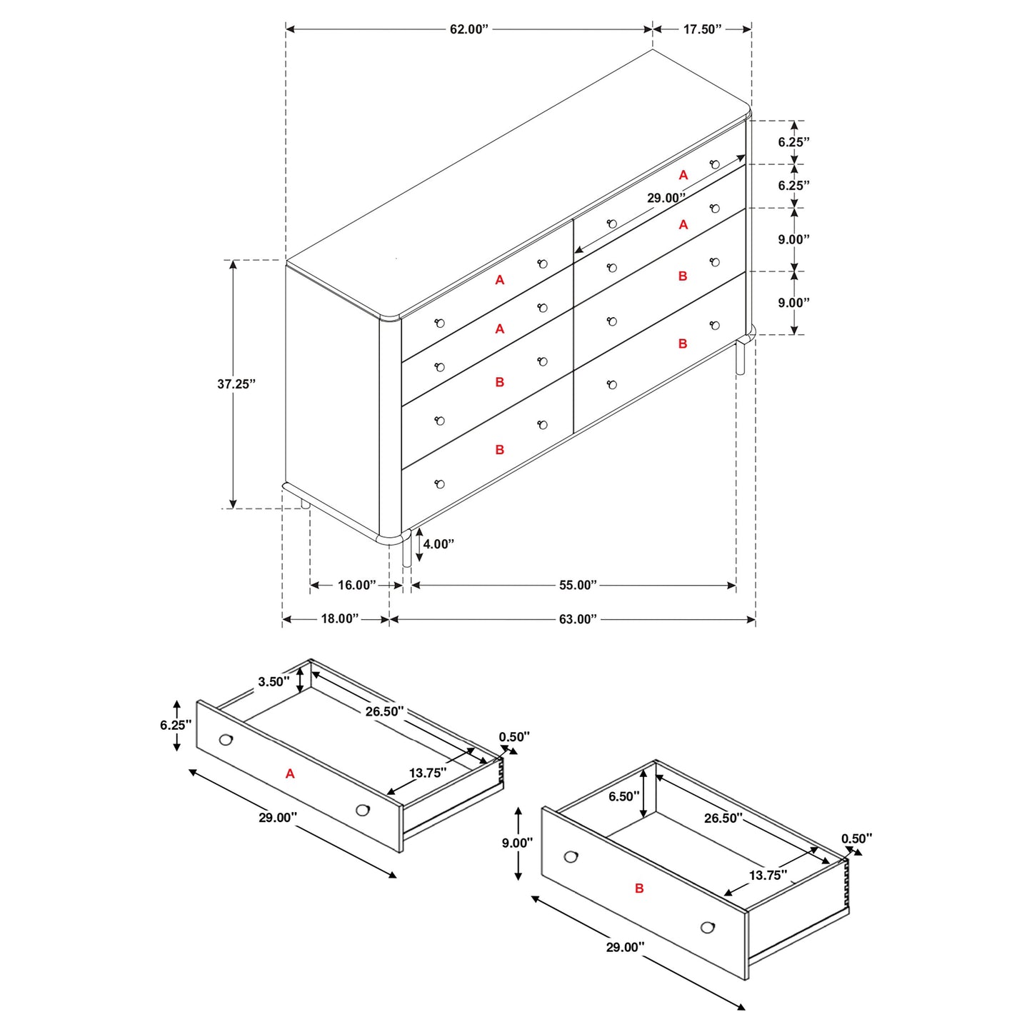 janine 8-drawer dresser black