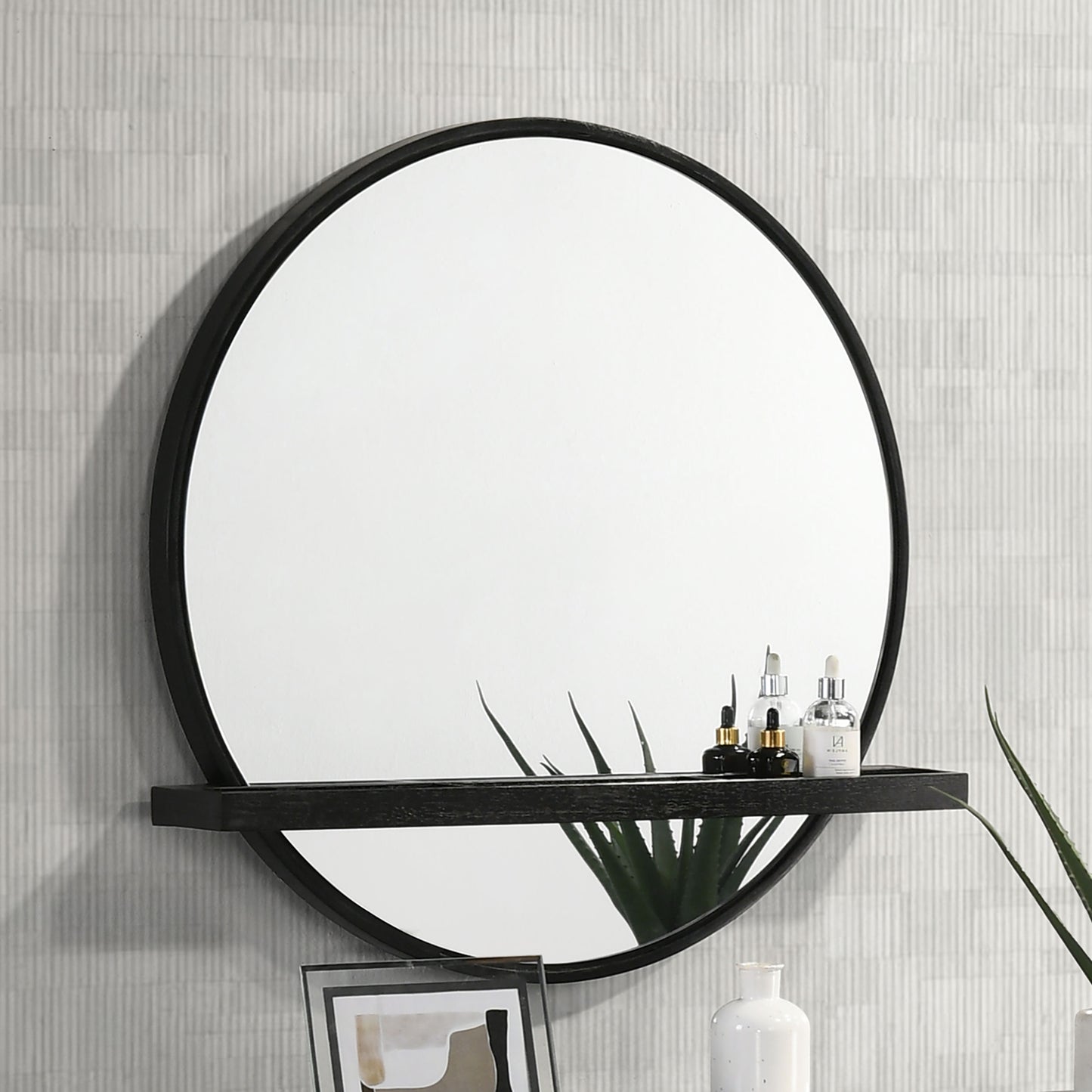 janine round vanity wall mirror with shelf black