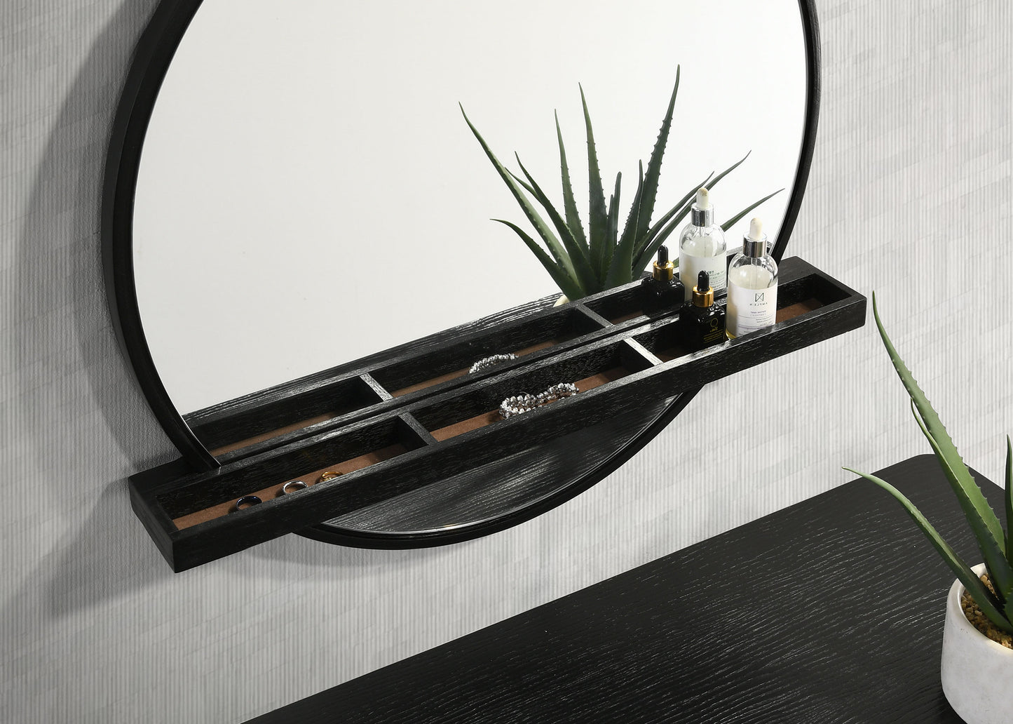 janine round vanity wall mirror with shelf black