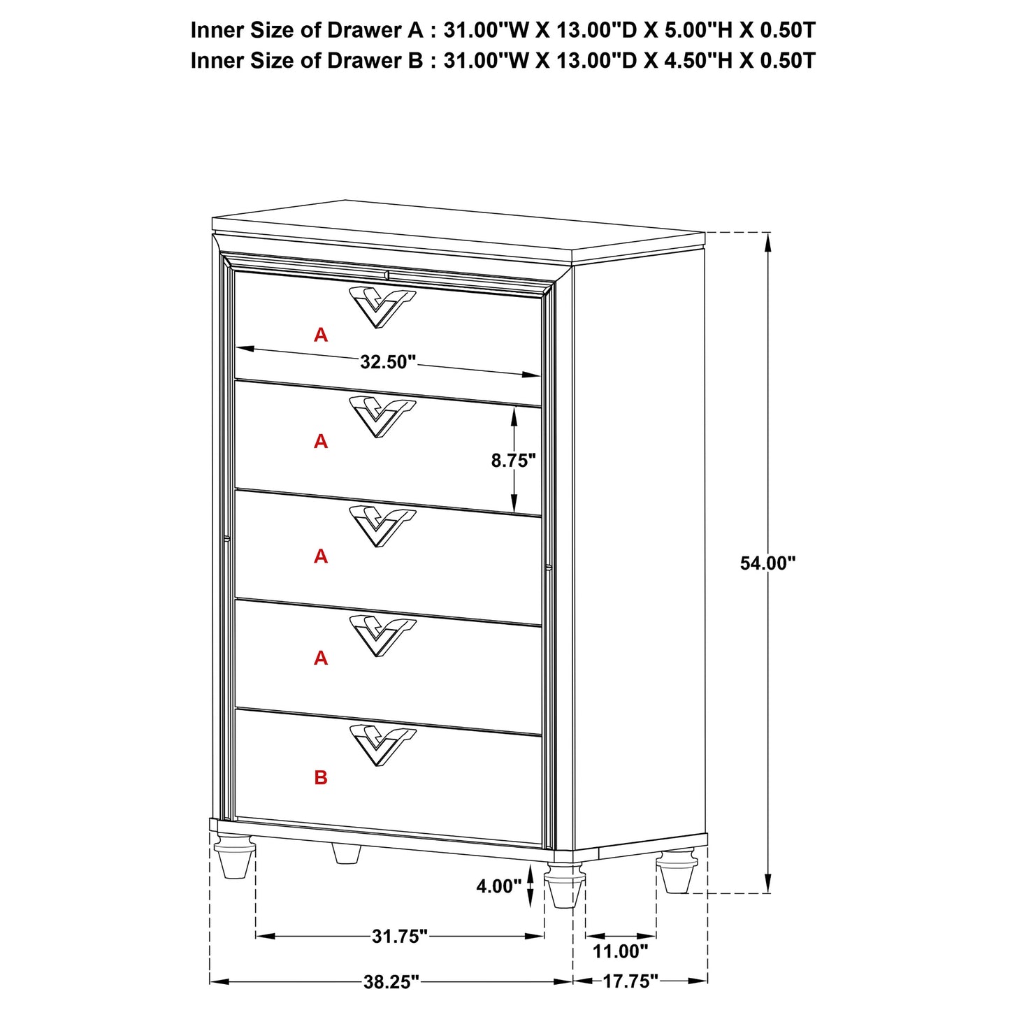 eleanor 5-drawer bedroom chest light silver