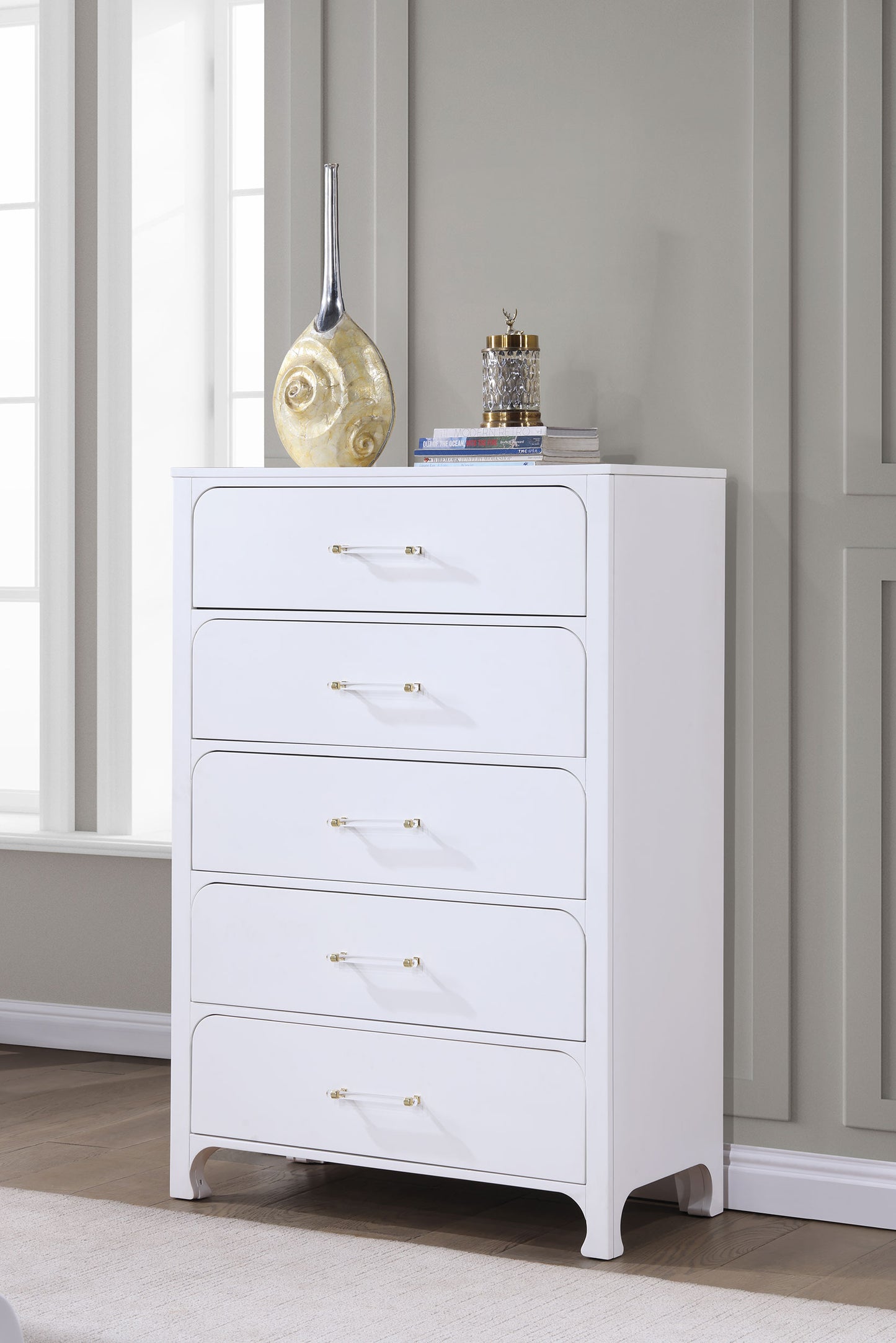 hillcrest 5-drawer bedroom chest pearl white