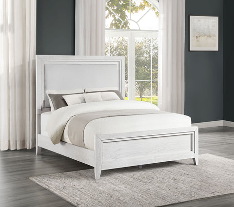 Marie Eastern King Upholstered Panel Bed Distressed WhiteDistressed White