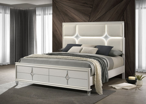 Vicente California King Panel Bed LED Headboard Pearl WhitePearl White