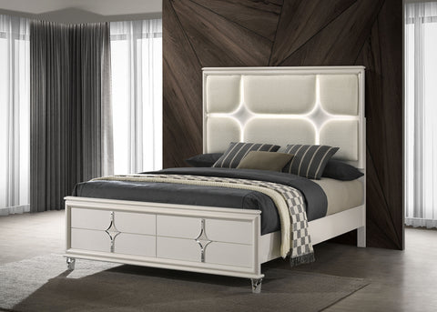 Vicente Queen Panel Bed LED Headboard Pearl WhitePearl White