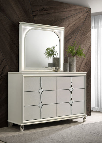 Vicente 6-drawer Dresser and LED Mirror Pearl WhitePearl White