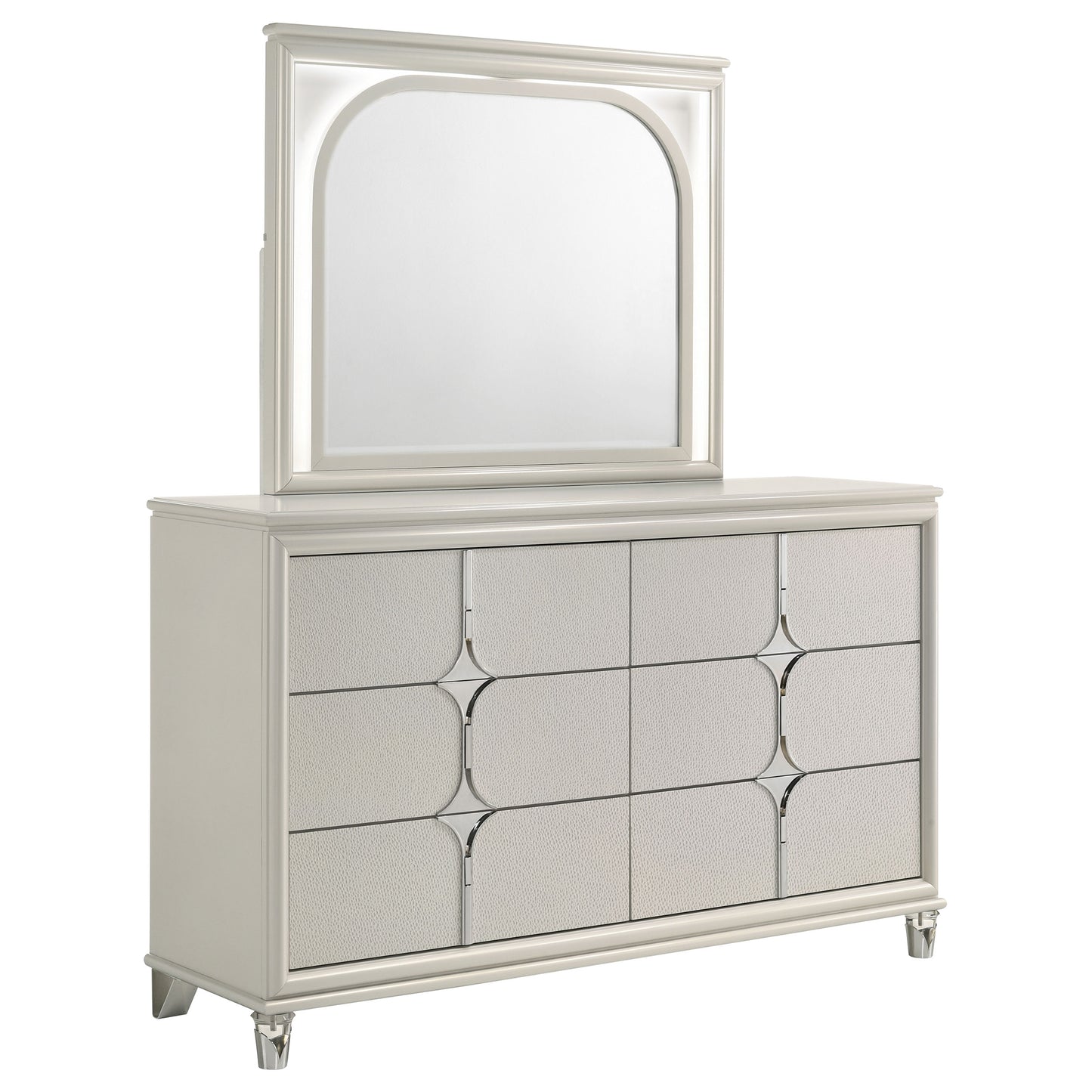 vicente 6-drawer dresser and led mirror pearl whitepearl white