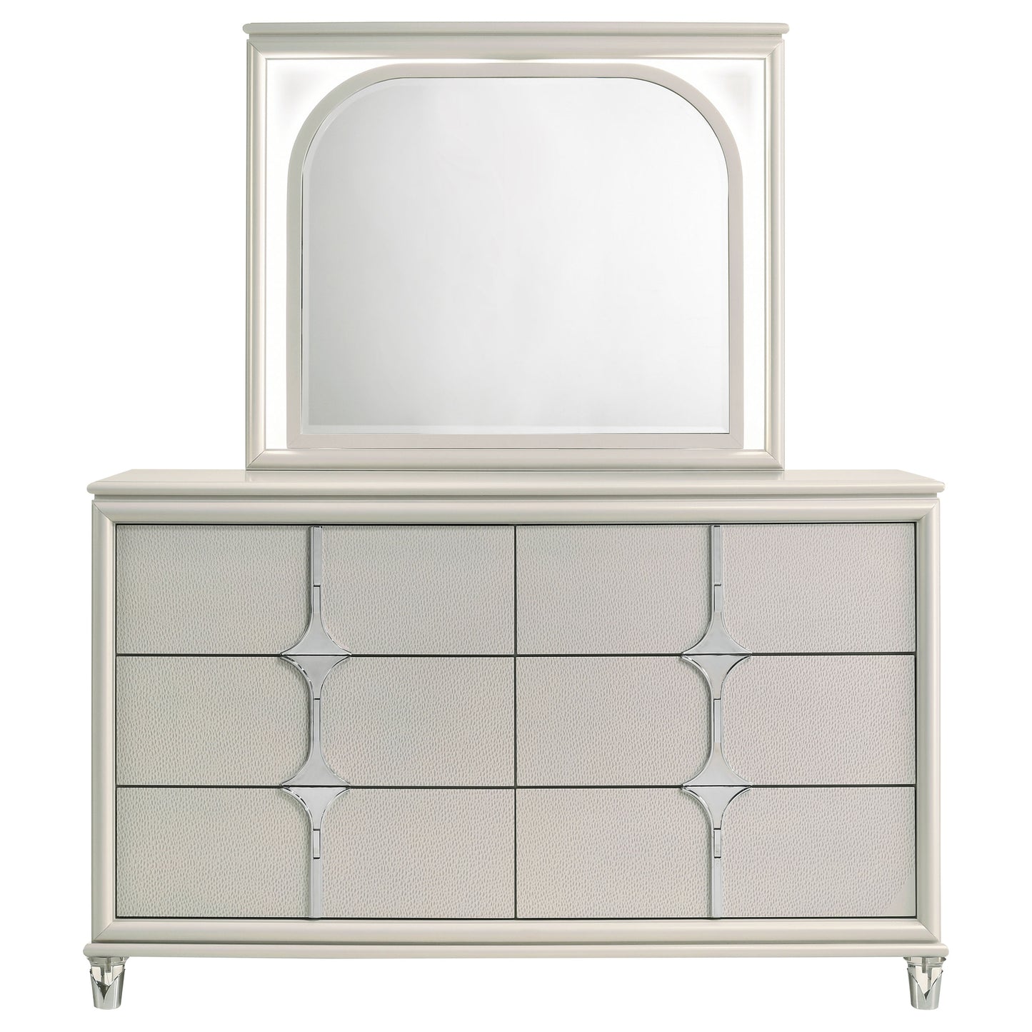 vicente 6-drawer dresser and led mirror pearl whitepearl white