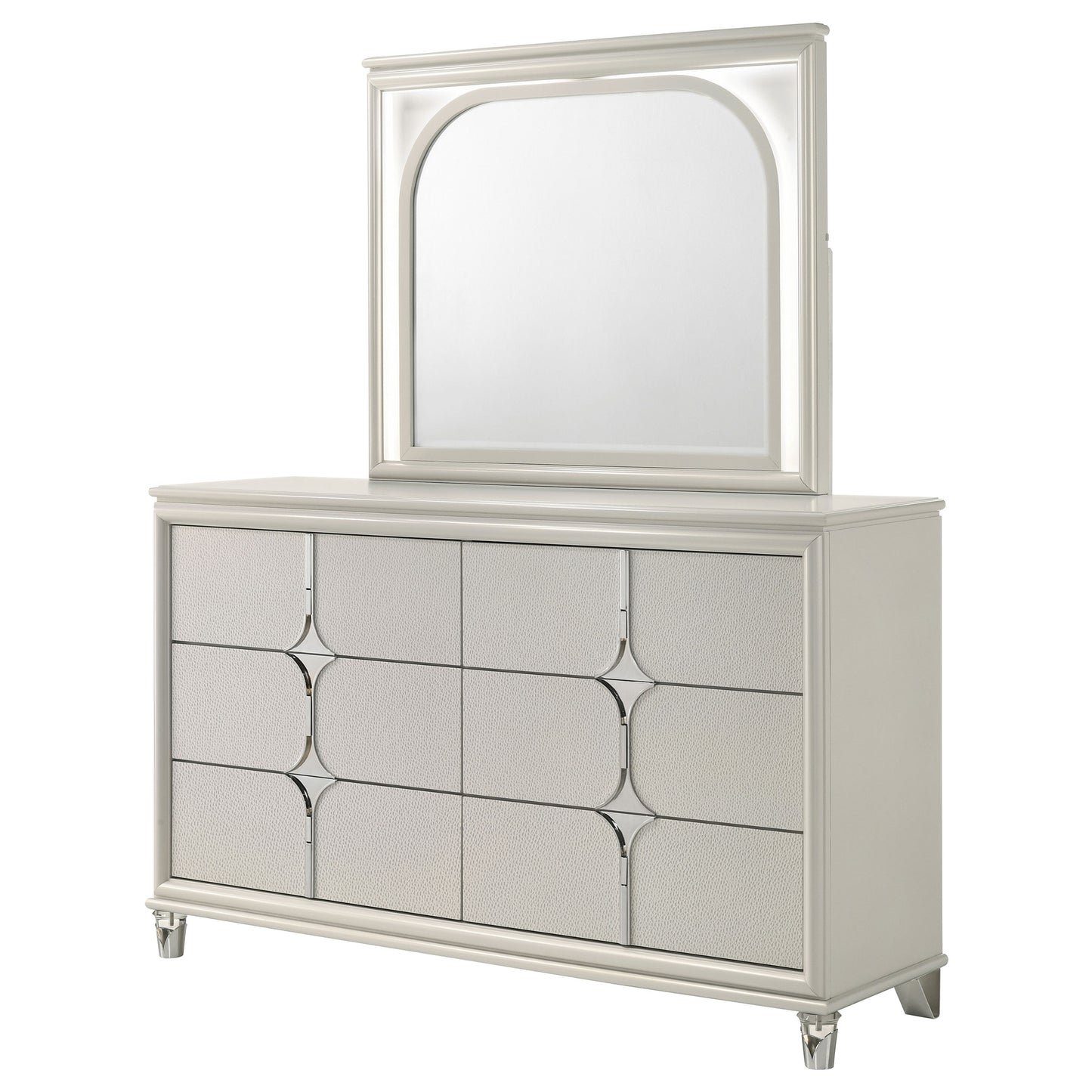vicente 6-drawer dresser and led mirror pearl whitepearl white