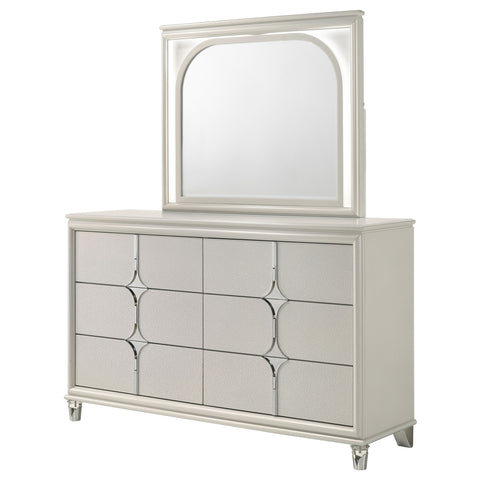 Vicente 6-drawer Dresser and LED Mirror Pearl WhitePearl White
