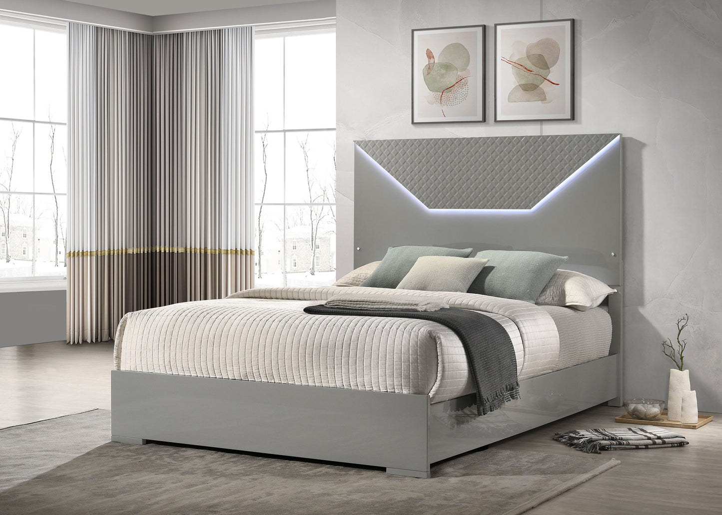foster queen panel bed led headboard grey high glossgrey high gloss